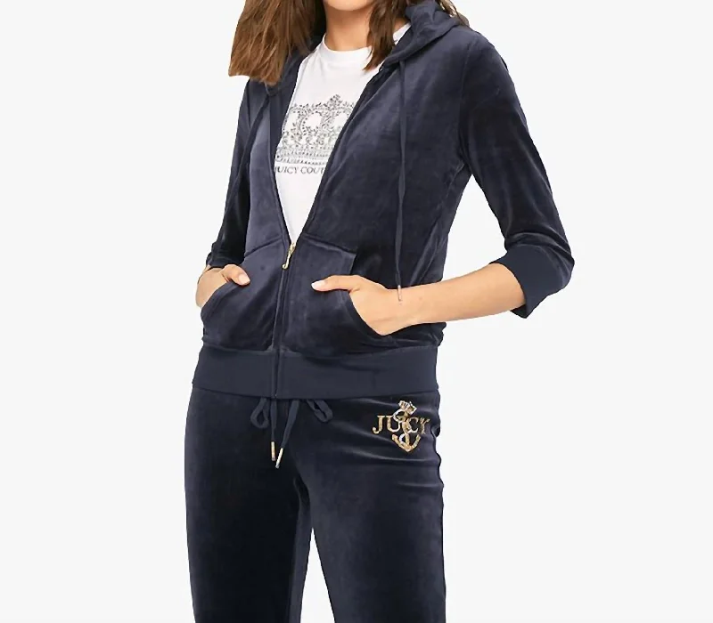 Regal Anchor Velour Robertson Hoodie Jacket In Navy Blue