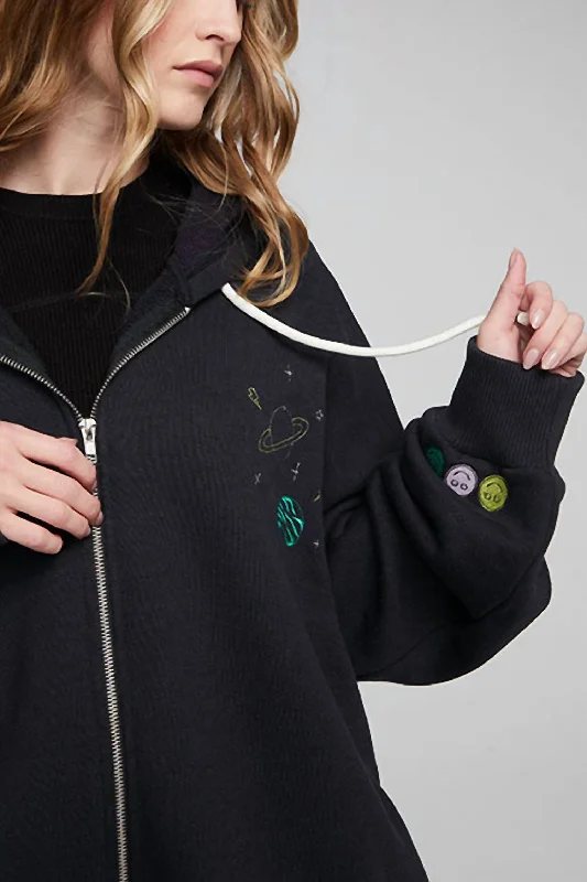 Space Embriodery Zip-Up Hoodie In Black