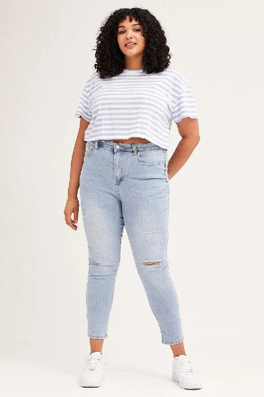 Stripe Crew Neck Short Sleeve Semi Crop T-shirt