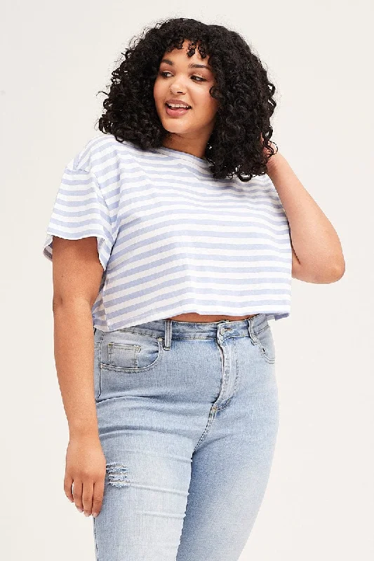 Stripe Crew Neck Short Sleeve Semi Crop T-shirt