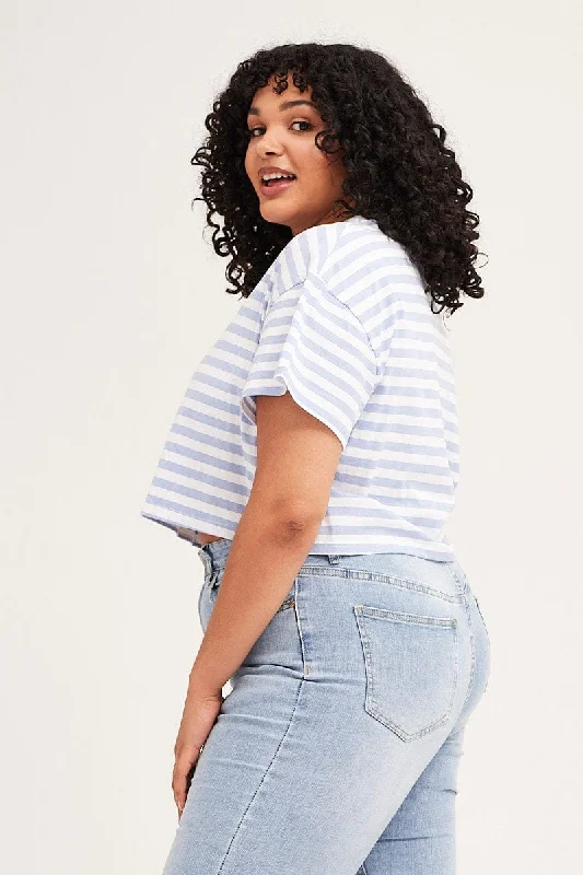 Stripe Crew Neck Short Sleeve Semi Crop T-shirt