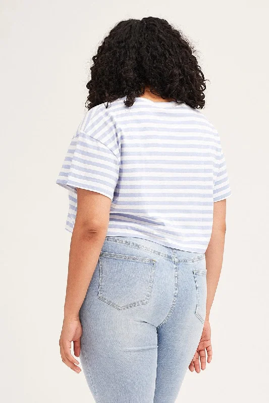 Stripe Crew Neck Short Sleeve Semi Crop T-shirt