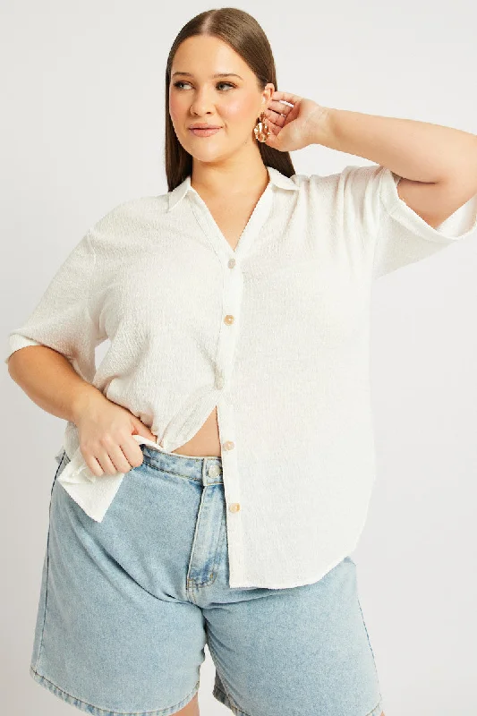 White Relaxed Shirt Short Sleeve Textured