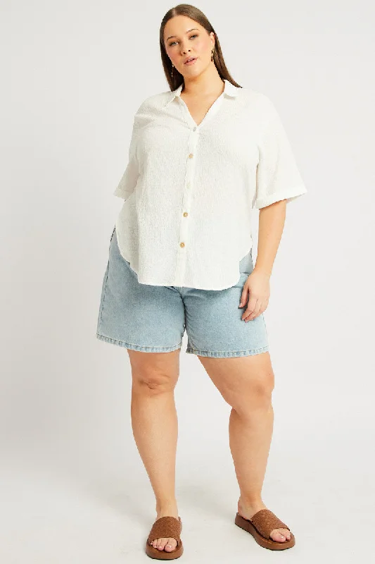 White Relaxed Shirt Short Sleeve Textured