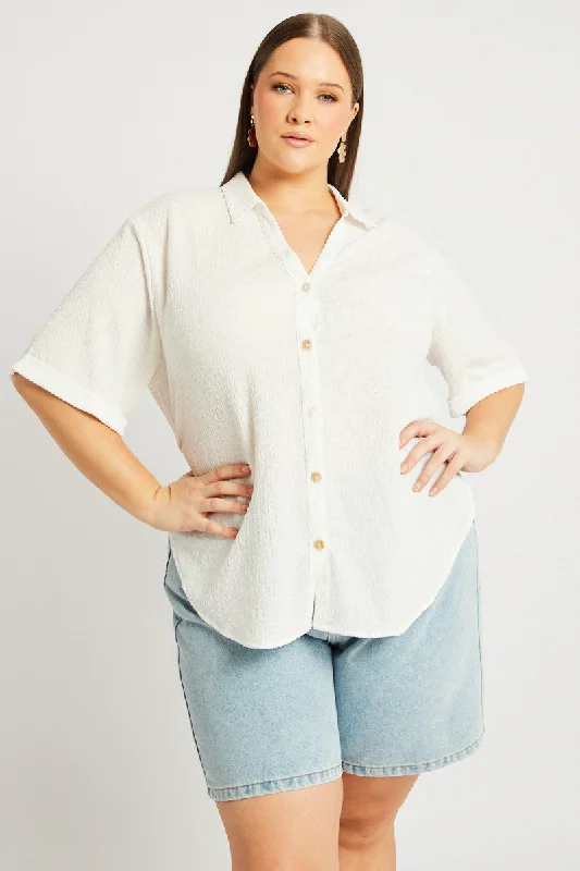 White Relaxed Shirt Short Sleeve Textured