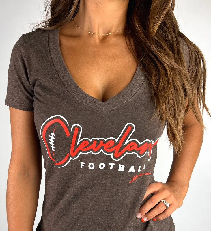 Women's Brown Cleveland Football Script V Neck