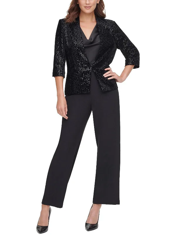 Womens Velvet Sequined Open-Front Blazer