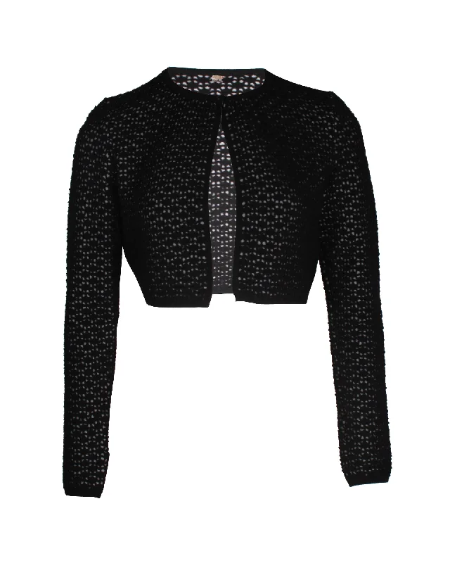 Alaia Perforated Cropped Cardigan in Black Wool