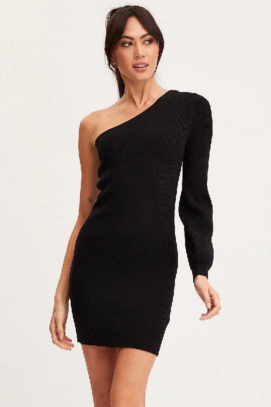 Black Dress One Shoulder Mini Knit