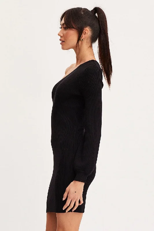 Black Dress One Shoulder Mini Knit