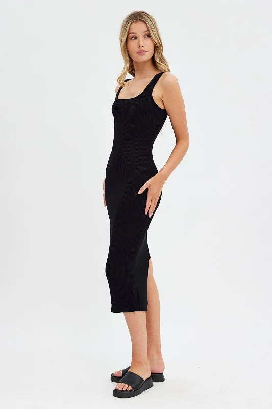 Black Knit Midi Dress Sleeveless Scoop Neck Bodycon Rib