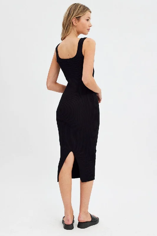 Black Knit Midi Dress Sleeveless Scoop Neck Bodycon Rib