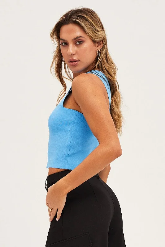 Blue Knit Top Sleeveless Crop Square Neck