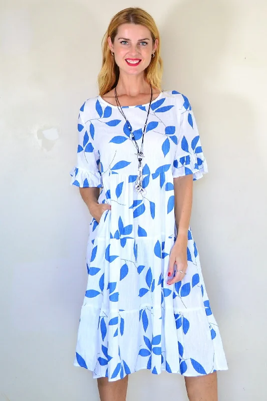 Blue Leaf Print Shift Tunic Dress