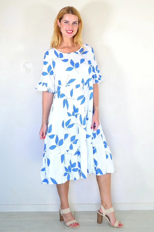 Blue Leaf Print Shift Tunic Dress