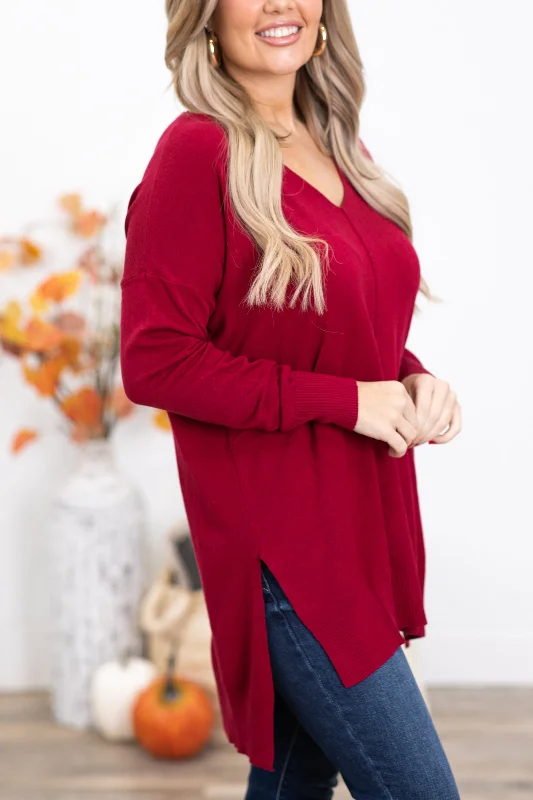 Burgundy V-Neck Lightweight Sweater