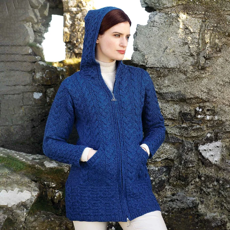 Zip Up Hooded Aran Knit Jacket, Marl Blue