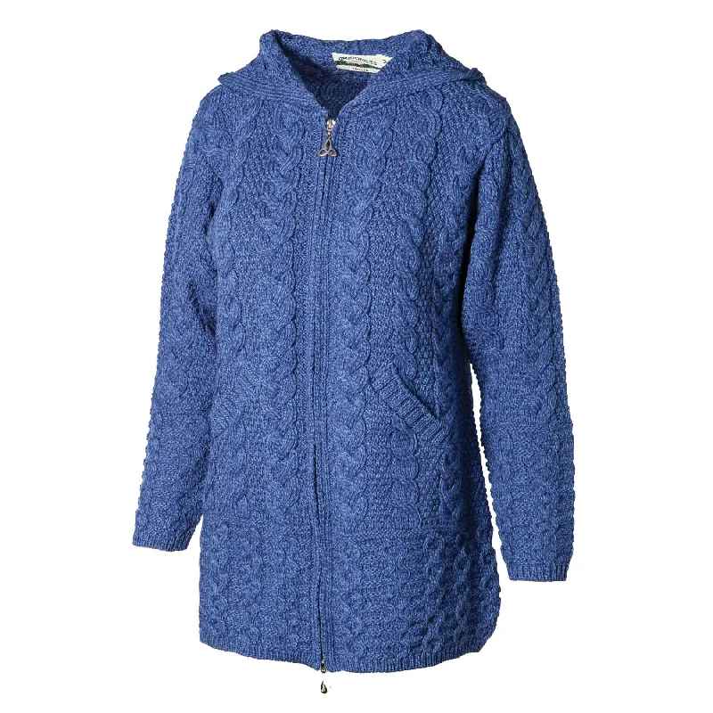 Zip Up Hooded Aran Knit Jacket, Marl Blue