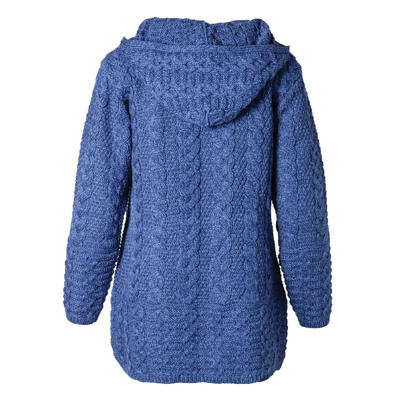 Zip Up Hooded Aran Knit Jacket, Marl Blue