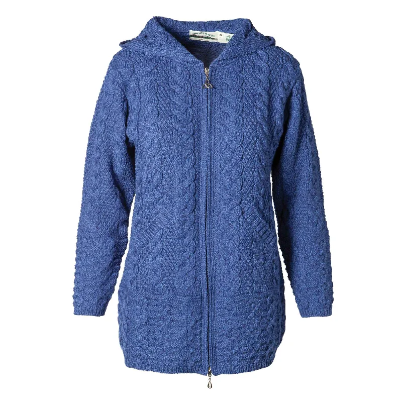 Zip Up Hooded Aran Knit Jacket, Marl Blue