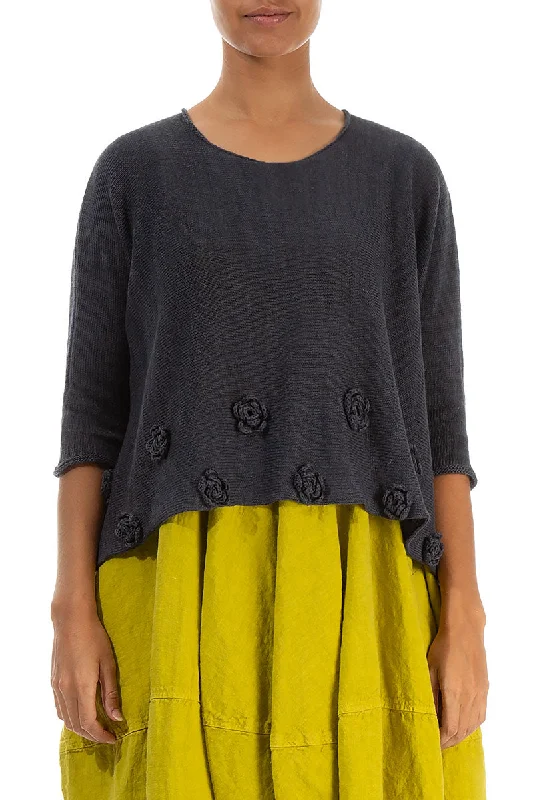 Flowers Decorated Graphite Linen Jumper