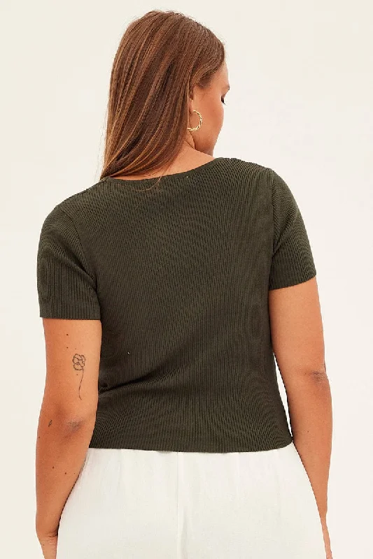 Green Knit Top Bust Cut Out Short Sleeve