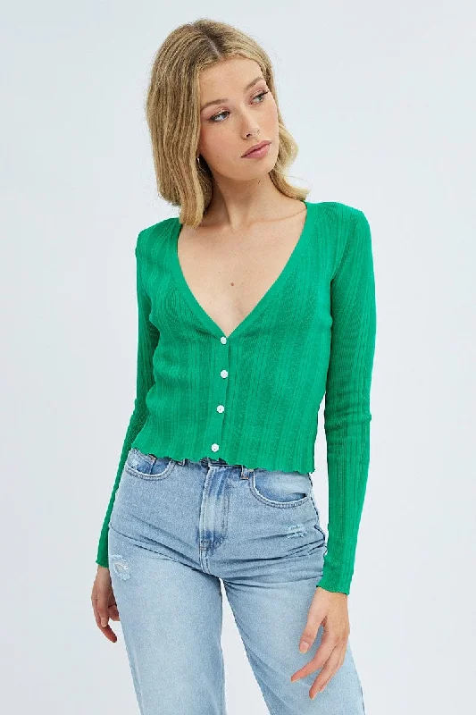 Green Long Sleeve Rib Knit Cardigan