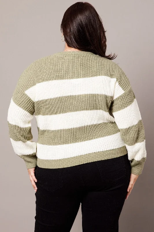 Green Stripe Knit Jumper Long Sleeve Crew Neck