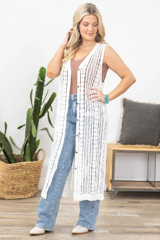 Off White Button Down Crochet Long Cardigan