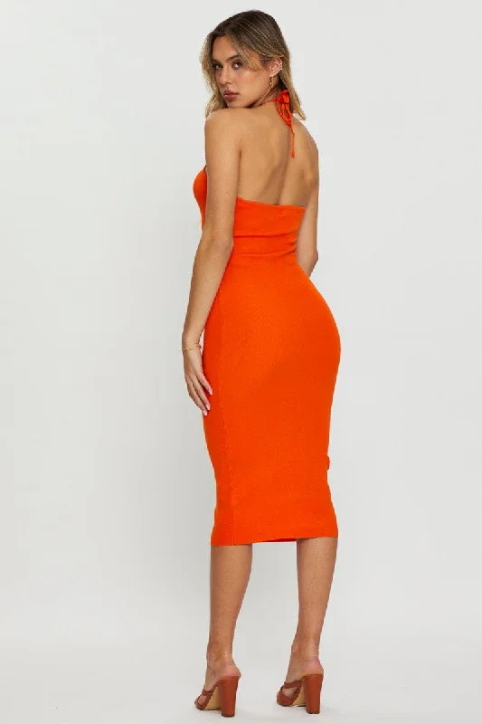 Orange Knit Dress Midi Halter Neck