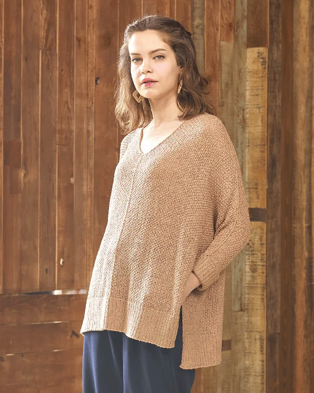 Oversized V-Neck Knit Sweater - Taupe