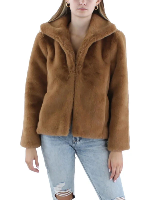 Petites Womens Faux Fur Cropped Faux Fur Coat