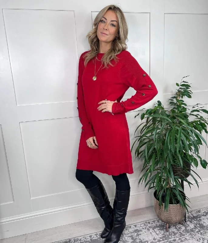 Red Curve Button Detail Tunic Jumper