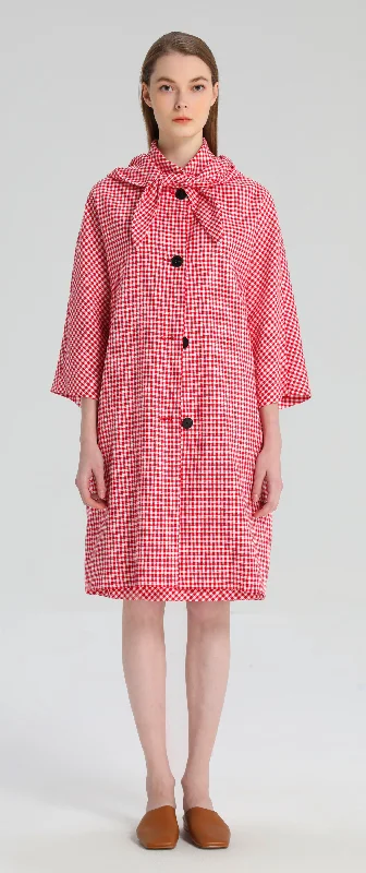 Red Plaid Hooded Trench Coat