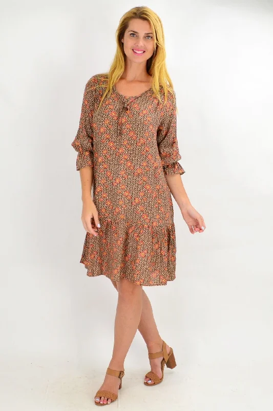 Retro Floral Ruffle Sleeve Tunic Dress