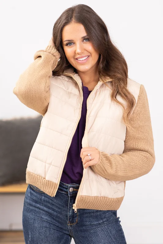 Tan Channel Quilted Jacket With Knit Back