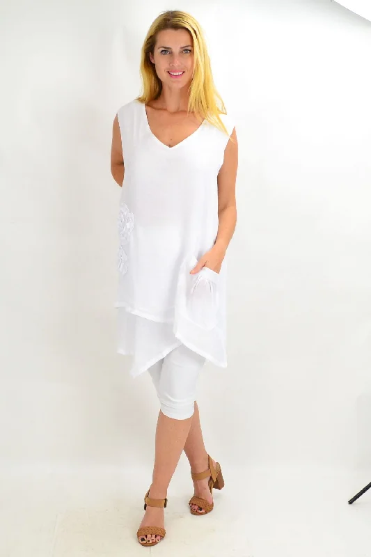 White Applique Sleeveless Tunic Top